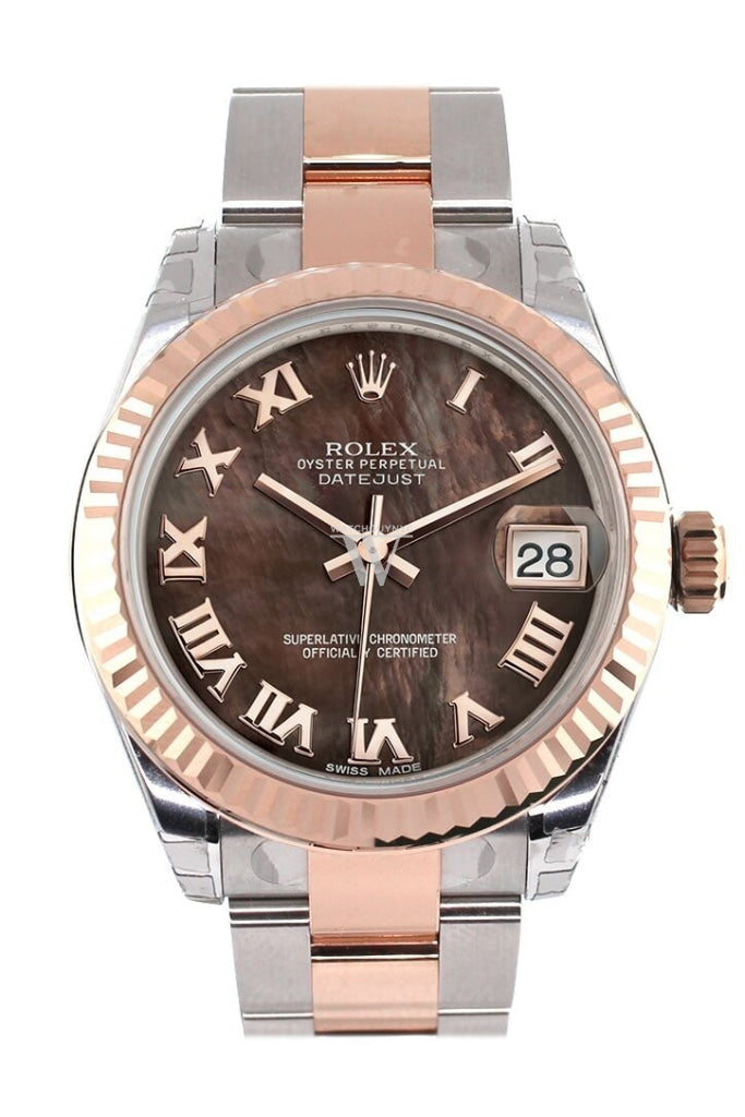 Rolex Datejust 31 Black Mother Of Pearl Roman Dial Fluted Bezel 18K Rose Gold Two Tone Ladies Watch