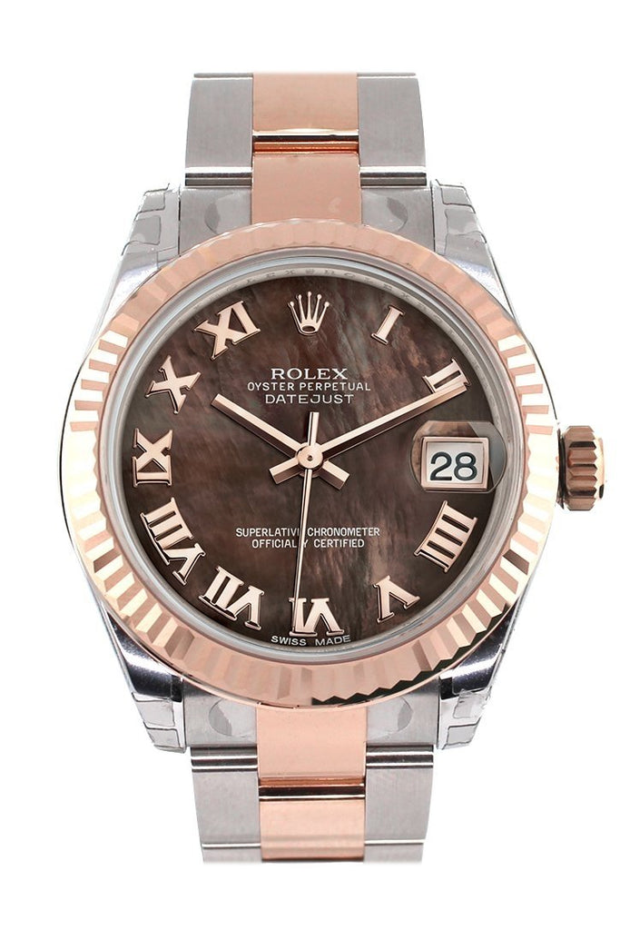 Rolex Datejust 31 Black Mother Of Pearl Roman Dial Fluted Bezel 18K Rose Gold Two Tone Ladies Watch
