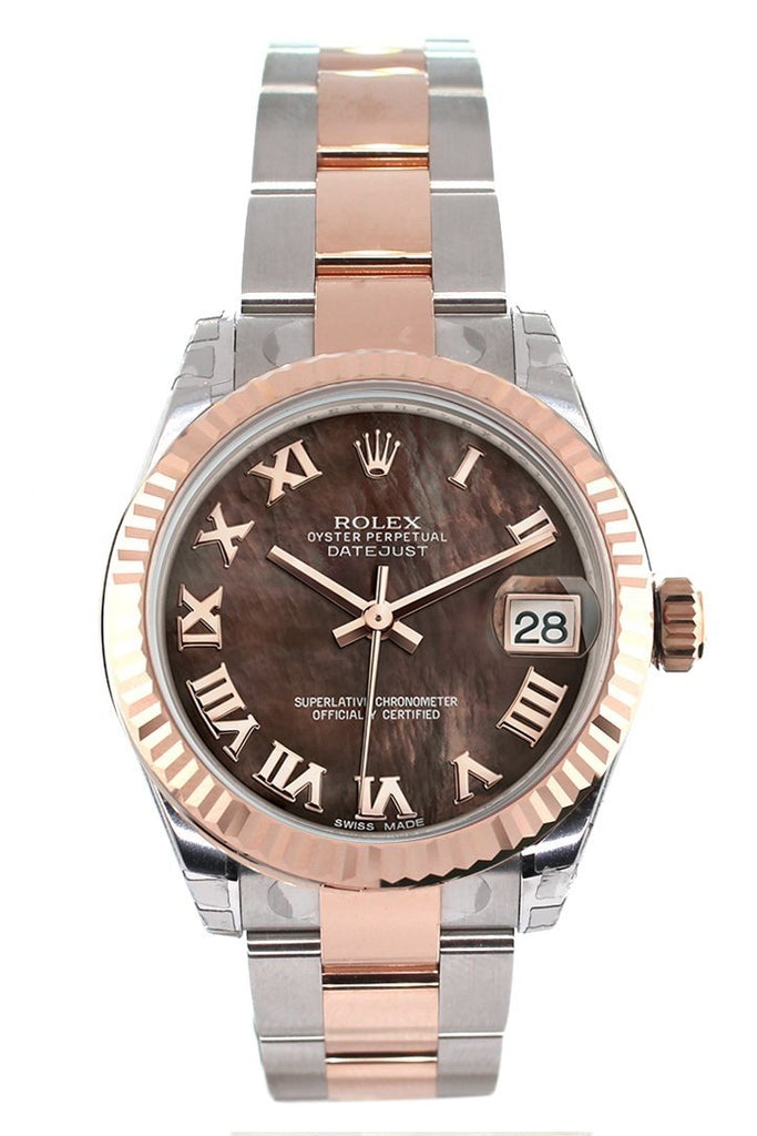 Rolex Datejust 31 Black Mother Of Pearl Roman Dial Fluted Bezel 18K Rose Gold Two Tone Ladies Watch