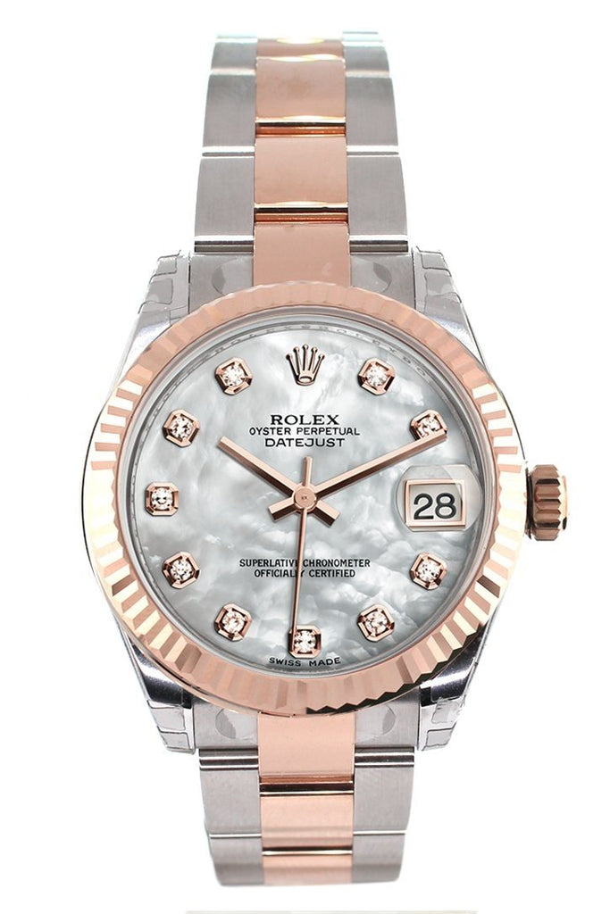 Rolex Datejust 31 White Mother Of Pearl Diamond Dial Fluted Bezel 18K Rose Gold Two Tone Ladies