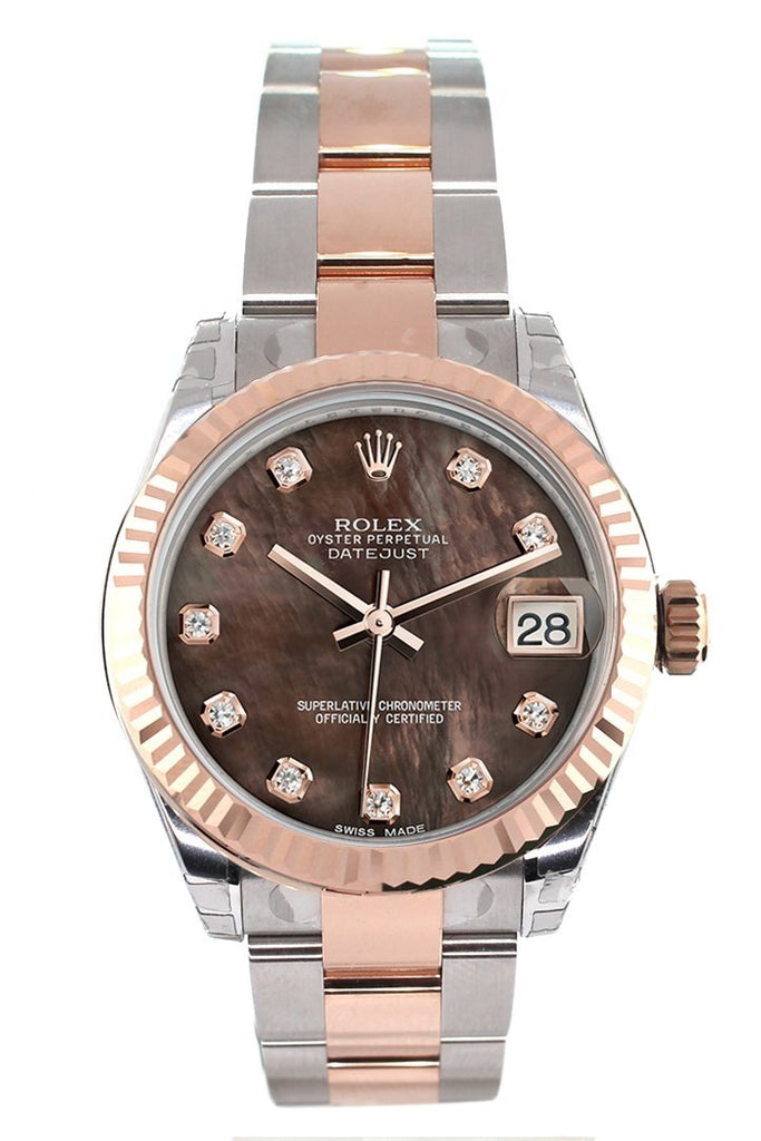 Rolex Datejust 31 Black Mother Of Pearl Diamond Dial Fluted Bezel 18K Rose Gold Two Tone Ladies