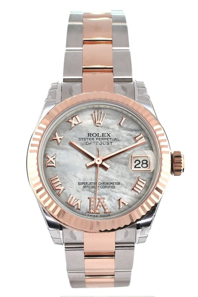 Rolex Datejust 31 White Mother Of Pearl Roman Large Vi Set With Diamond Dial Fluted Bezel 18K Rose
