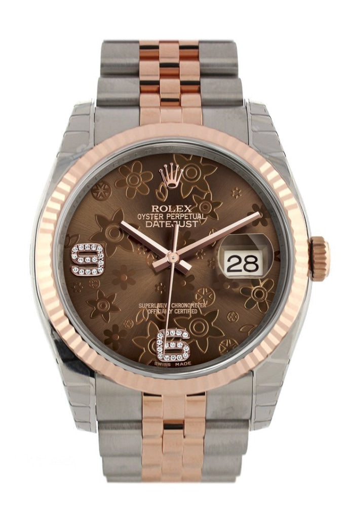 Rolex Datejust 36 Chocolate Floral Motif Set With Diamonds Dial Fluted Steel And 18K Rose Gold