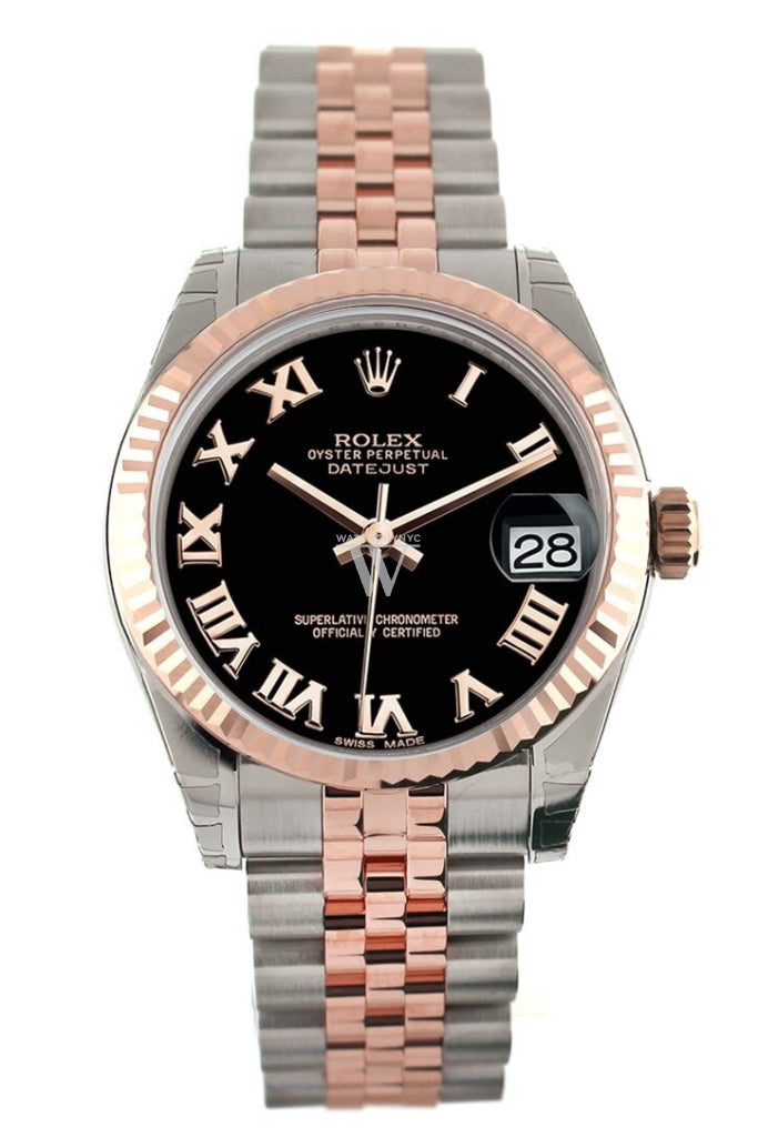 Rolex Datejust 31 Black Roman Dial Fluted Bezel 18K Rose Gold Two Tone Jubilee Ladies Watch 178271
