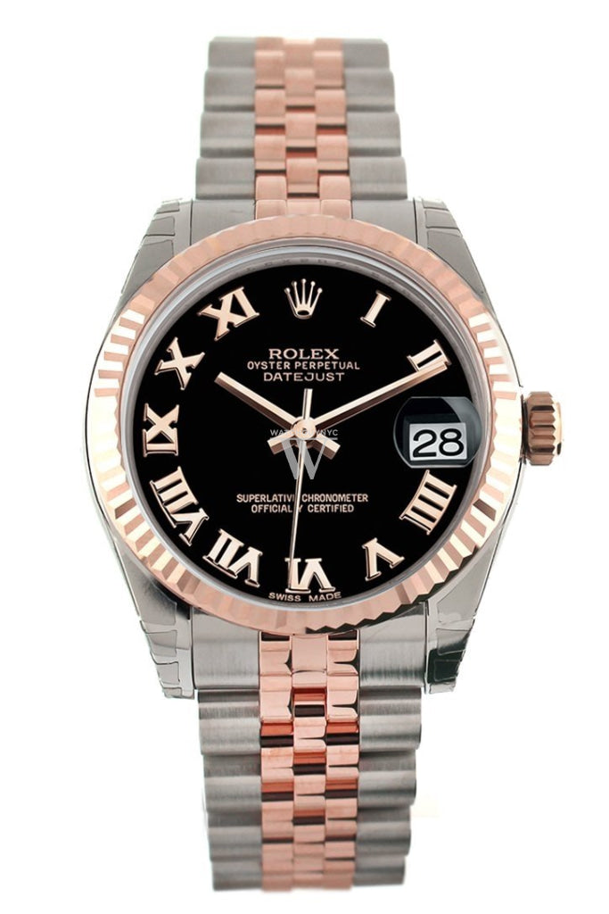 Rolex Datejust 31 Black Roman Dial Fluted Bezel 18K Rose Gold Two Tone Jubilee Ladies Watch 178271