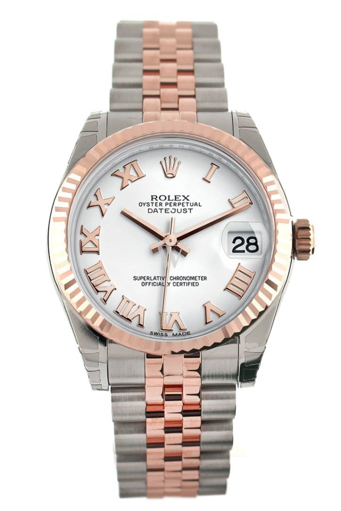 Rolex Datejust 31 White Roman Dial Fluted Bezel 18K Rose Gold Two Tone Jubilee Ladies Watch 178271
