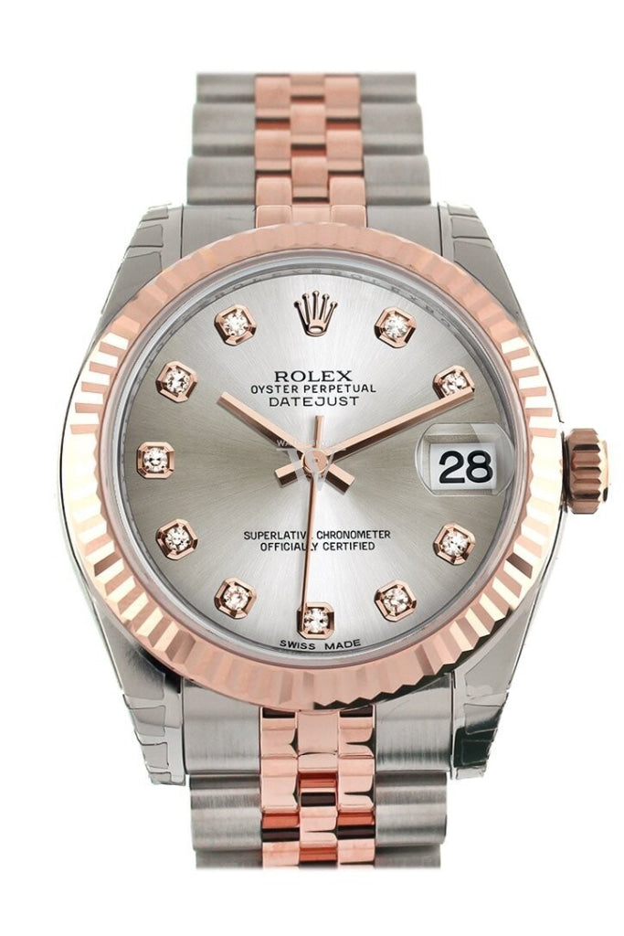 Rolex Datejust 31 Silver Diamond Dial Fluted Bezel 18K Rose Gold Two Tone Jubilee Ladies Watch