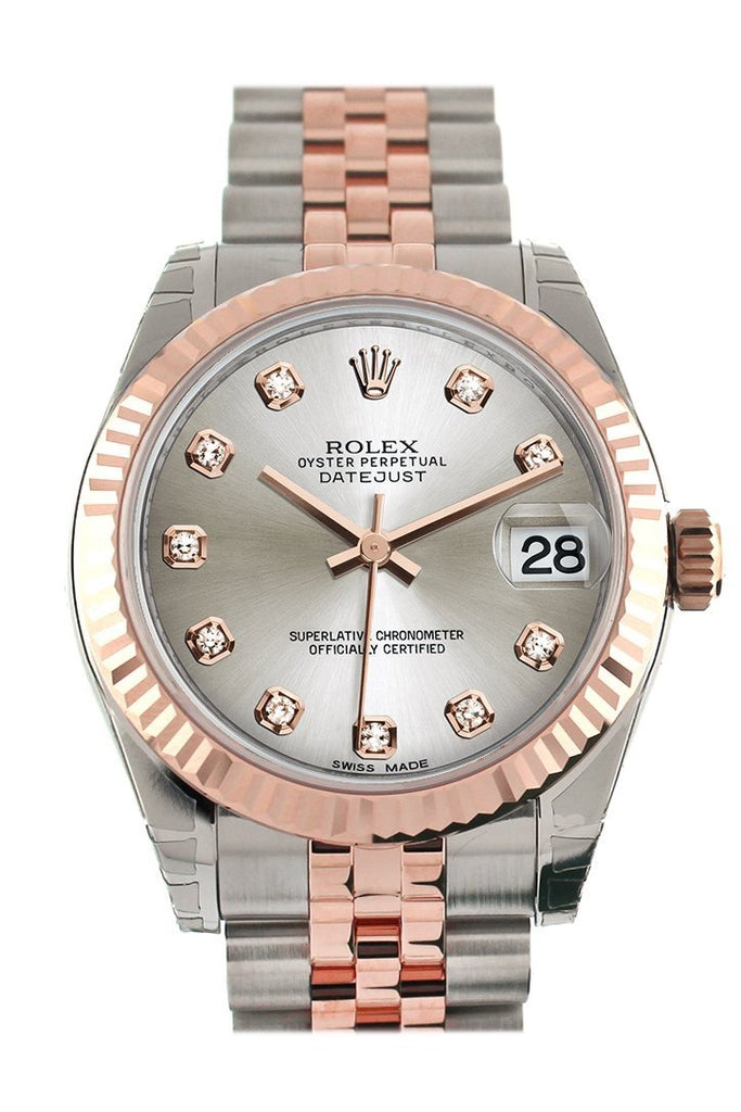 Rolex Datejust 31 Silver Diamond Dial Fluted Bezel 18K Rose Gold Two Tone Jubilee Ladies Watch
