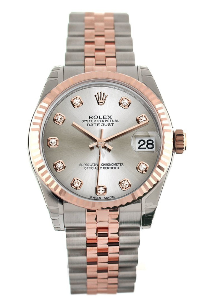 Rolex Datejust 31 Silver Diamond Dial Fluted Bezel 18K Rose Gold Two Tone Jubilee Ladies Watch