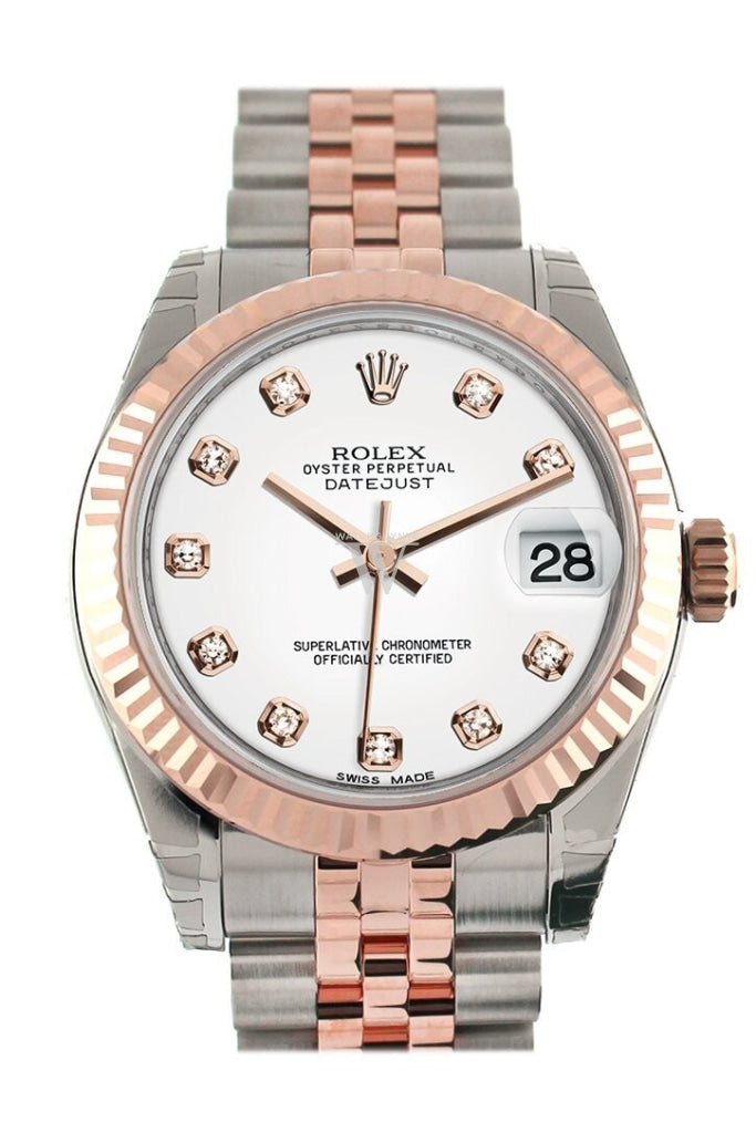 Rolex Datejust 31 White Diamond Dial Fluted Bezel 18K Rose Gold Two Tone Jubilee Ladies Watch 178271