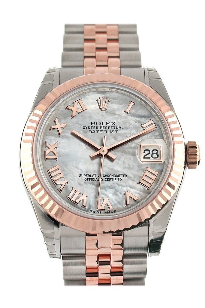 Rolex Datejust 31 White Mother Of Pearl Roman Dial Fluted Bezel 18K Rose Gold Two Tone Jubilee