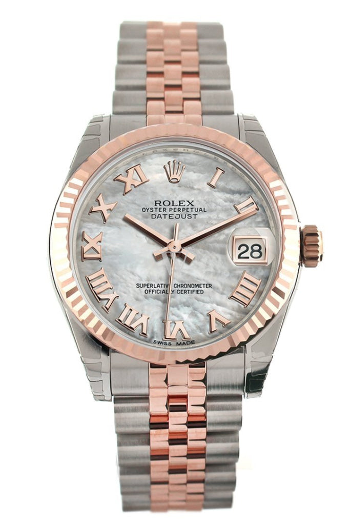 Rolex Datejust 31 White Mother Of Pearl Roman Dial Fluted Bezel 18K Rose Gold Two Tone Jubilee