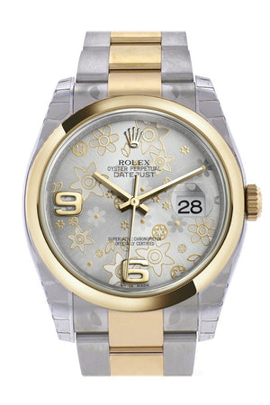 Rolex Datejust 36 Silver Floral Motif Dial 18K Gold Two Tone Oyster Watch 116203