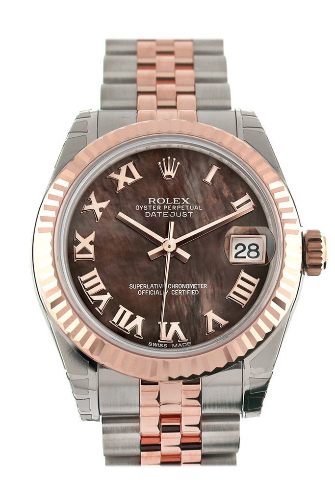 Rolex Datejust 31 Black Mother Of Pearl Roman Dial Fluted Bezel 18K Rose Gold Two Tone Jubilee