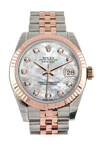 Rolex Datejust 31 White Mother Of Pearl Diamond Dial Fluted Bezel 18K Rose Gold Two Tone Jubilee