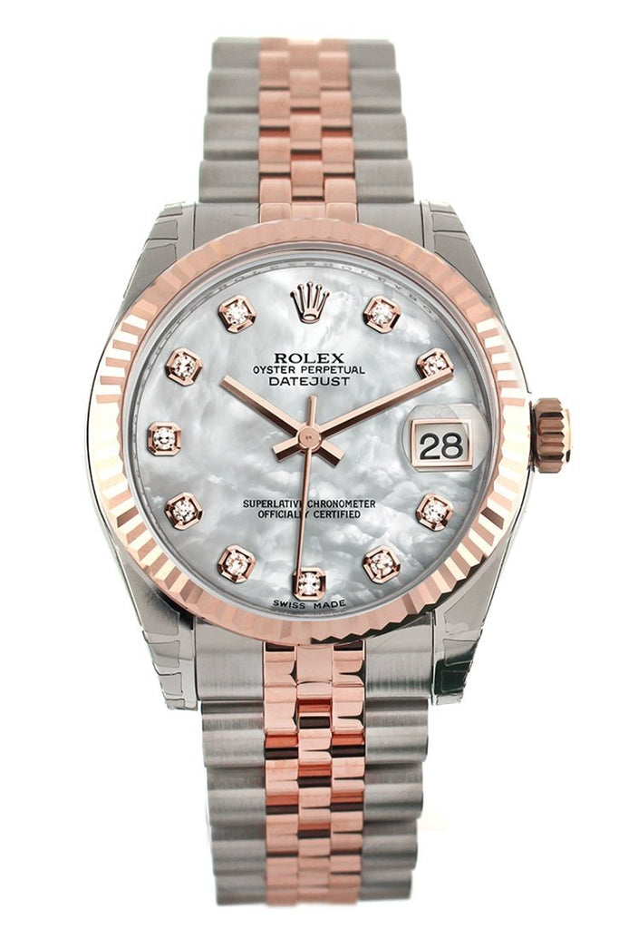 Rolex Datejust 31 White Mother Of Pearl Diamond Dial Fluted Bezel 18K Rose Gold Two Tone Jubilee