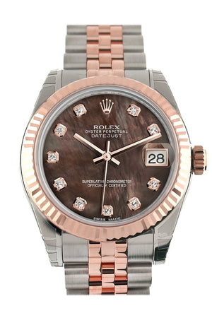Rolex Datejust 31 Black Mother Of Pearl Diamond Dial Fluted Bezel 18K Rose Gold Two Tone Jubilee