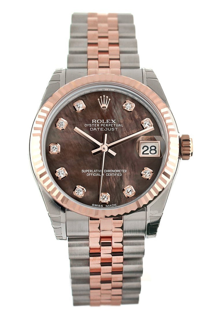 Rolex Datejust 31 Black Mother Of Pearl Diamond Dial Fluted Bezel 18K Rose Gold Two Tone Jubilee