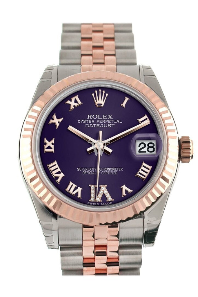Rolex Datejust 31 Purple Roman Large Vi Set With Diamond Dial Fluted Bezel 18K Rose Gold Two Tone