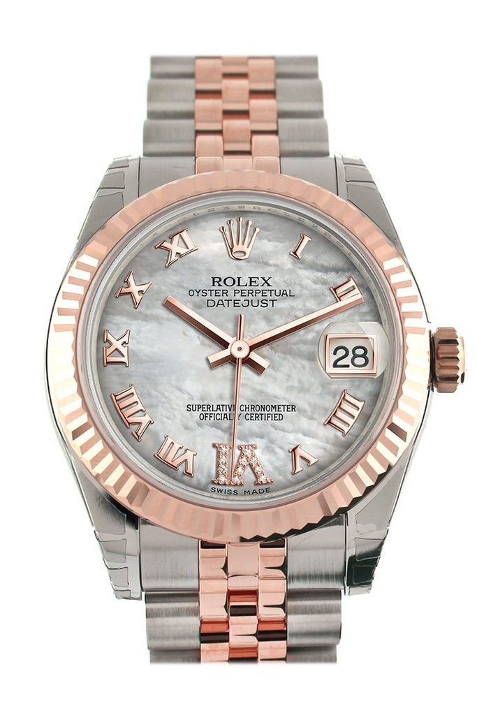 Rolex Datejust 31 White Mother Of Pearl Roman Large Vi Set With Diamond Dial Fluted Bezel 18K Rose