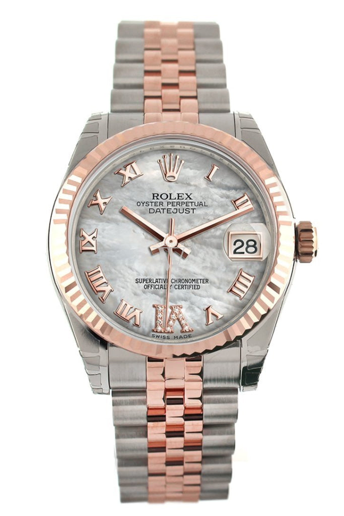 Rolex Datejust 31 White Mother Of Pearl Roman Large Vi Set With Diamond Dial Fluted Bezel 18K Rose