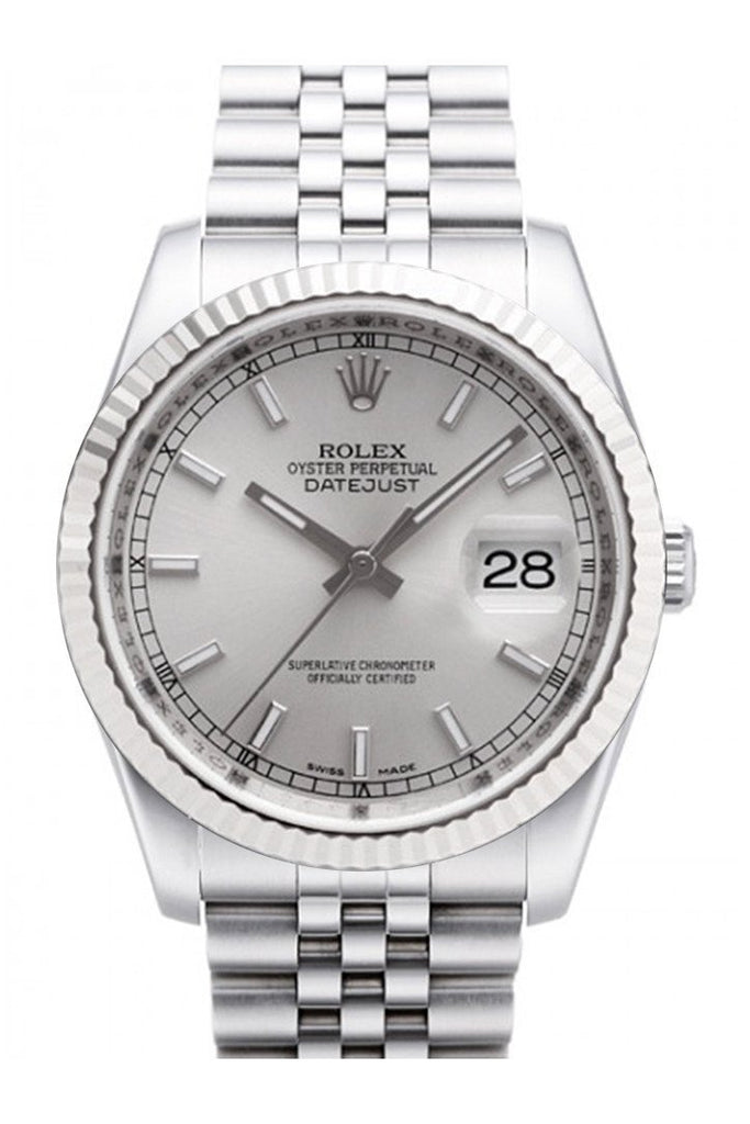 Rolex Datejust 36 Silver Dial 18K White Gold Fluted Bezel Stainless Steel Jubilee Watch 116234