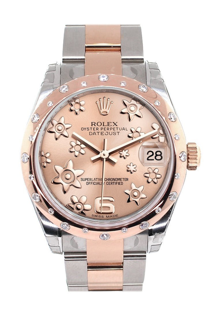 Rolex Datejust 31 Pink Raised Floral Motif Dial Diamond Bezel 18K Rose Gold Two Tone Ladies Watch