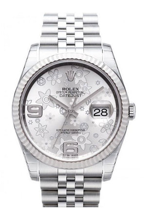 Rolex Datejust 36 Silver Floral Dial 18K White Gold Fluted Bezel Jubilee Watch 116234