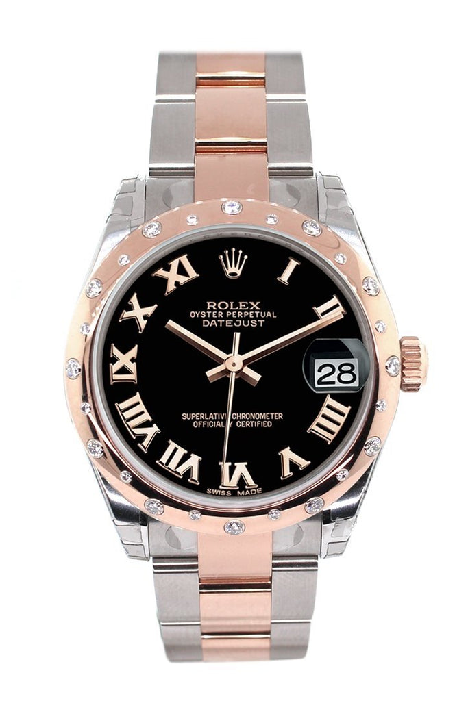 Rolex Datejust 31 Black Roman Dial Diamond Bezel 18K Rose Gold Two Tone Ladies Watch 178341