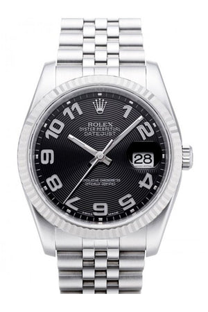 Rolex Datejust 36 Black Concentric Dial 18K White Gold Fluted Bezel Stainless Steel Jubilee Watch