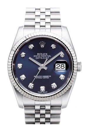 Rolex Datejust 36 Blue Diamond Dial 18K White Gold Fluted Bezel Stainless Steel Jubilee Watch 116234