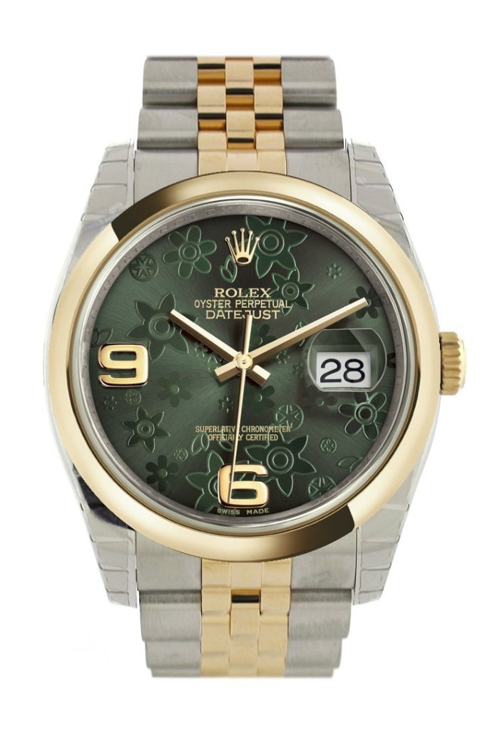Rolex Datejust 36 Green Floral Motif Dial 18K Gold Two Tone Jubilee Watch 116203