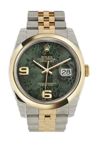 Rolex Datejust 36 Green Floral Motif Dial 18K Gold Two Tone Jubilee Watch 116203