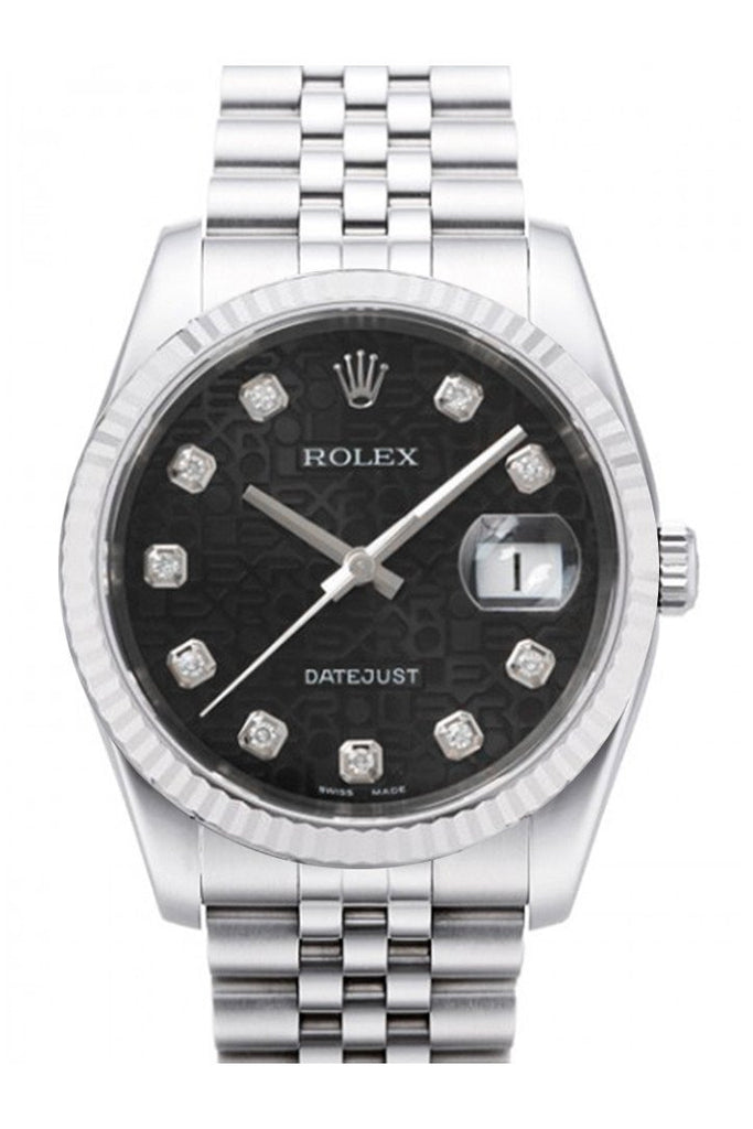 Rolex Datejust 36 Black Jubilee Diamonds Dial 18K White Gold Fluted Bezel Stainless Steel Watch