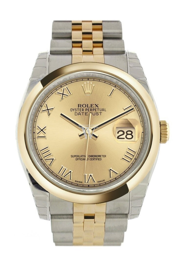Rolex Datejust 36 Champagne Roman Dial 18K Gold Two Tone Jubilee Watch 116203
