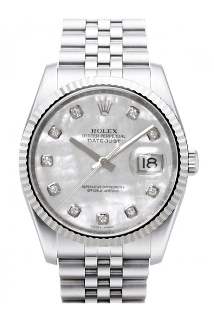 Rolex Datejust 36 Mother Of Pearl Diamond Dial 18K White Gold Fluted Bezel Stainless Steel Jubilee