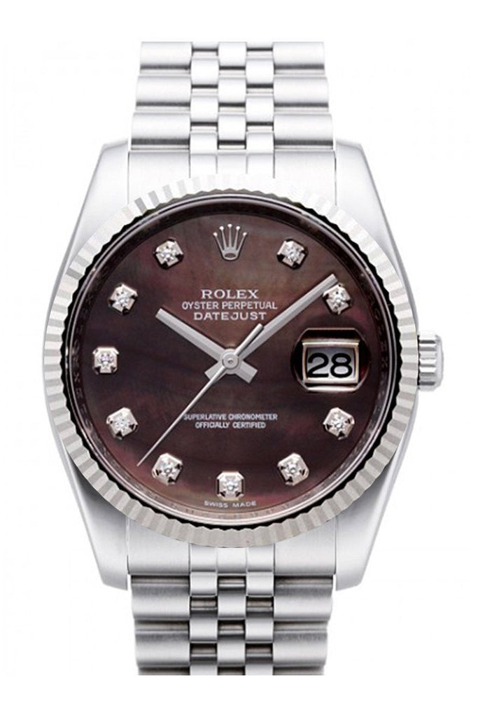 Rolex Datejust 36 Black Mother Of Pearl Dial 18K White Gold Fluted Bezel Stainless Steel Jubilee