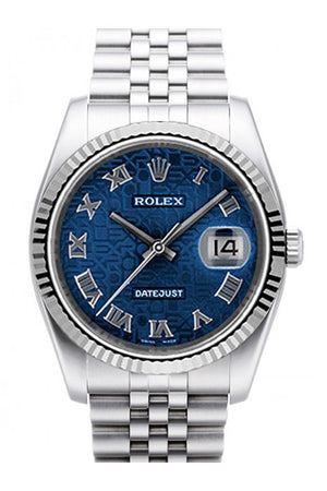 Rolex Datejust 36 Blue Jubilee Dial 18K White Gold Fluted Bezel Stainless Steel Watch 116234