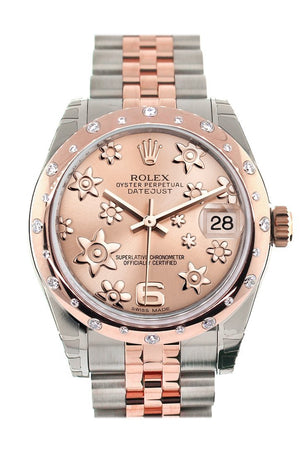 Rolex Datejust 31 Pink Raised Floral Motif Dial Diamond Bezel 18K Rose Gold Two Tone Jubilee Ladies