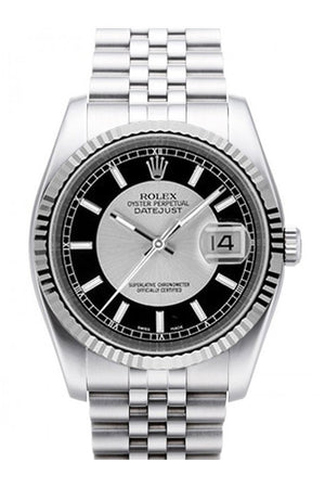 Rolex Datejust 36 Silver Black Dial 18K White Gold Fluted Bezel Stainless Steel Jubilee Watch 116234
