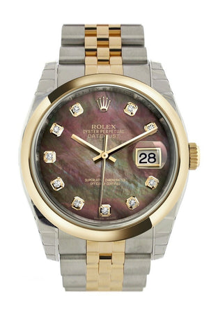 Rolex Datejust 36 Black Mother-Of-Pearl Diamond Dial 18K Gold Two Tone Jubilee Watch 116203 Pearl