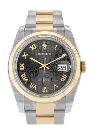Rolex Datejust 36 Black Jubilee Roman Dial Fluted 18K Gold Two Tone Oyster Watch 116233 / None