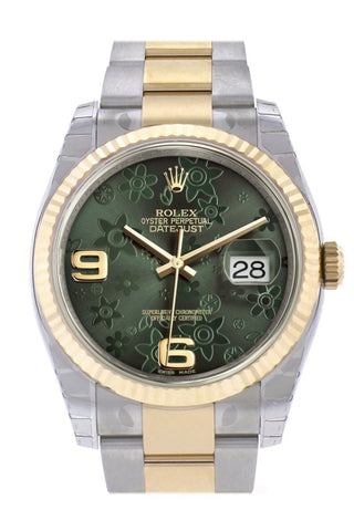 Rolex Datejust 36 Green Floral Motif Dial Fluted 18K Gold Two Tone Oyster Watch 116233
