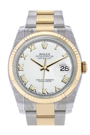 Rolex Datejust 36 White Roman Dial Fluted 18K Gold Two Tone Oyster Watch 116233 / None