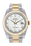 Rolex Datejust 36 White Roman Dial Fluted 18K Gold Two Tone Oyster Watch 116233