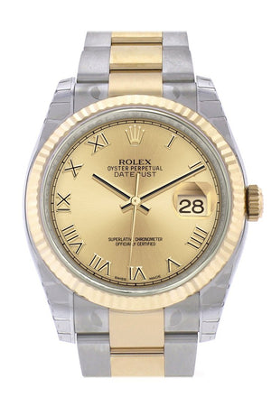Rolex Datejust 36 Champagne Roman Dial Fluted 18K Gold Two Tone Oyster Watch 116233 / None