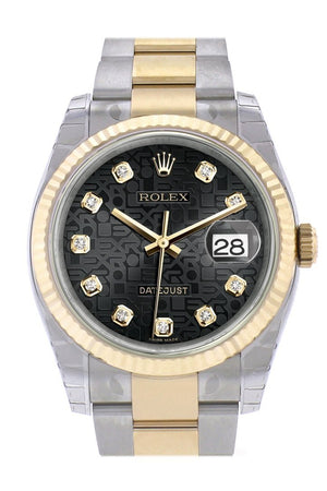 Rolex Datejust 36 Black Jubilee Diamond Dial Fluted 18K Gold Two Tone Oyster Watch 116233