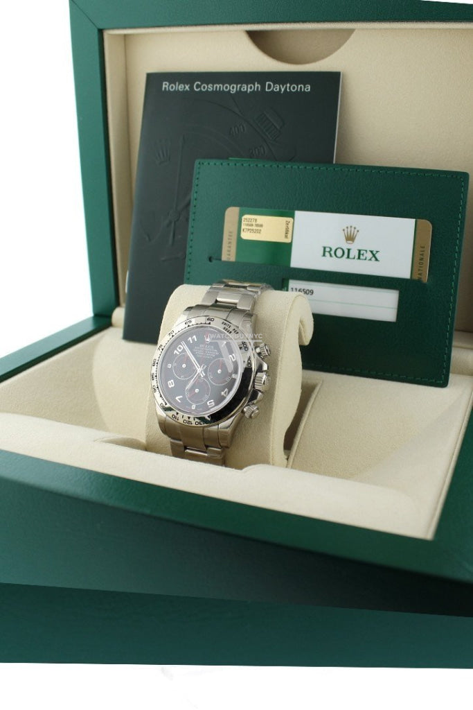 Rolex Cosmography Daytona Black Arabic Dial Oyster Bracelet 18K White Gold Mens Watch 116509