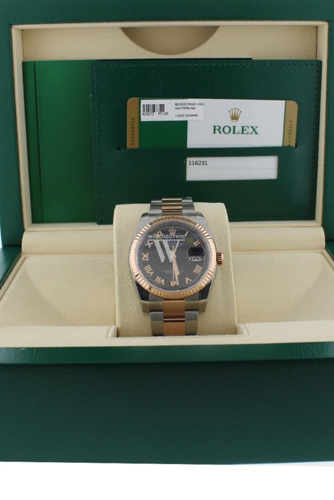 Rolex Datejust 36 Black Roman Dial Steel And 18K Rose Gold Mens Ladies Watch 116231