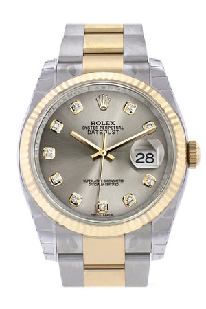 Rolex Datejust 36 Steel Diamond Dial Fluted 18K Gold Two Tone Oyster Watch 116233